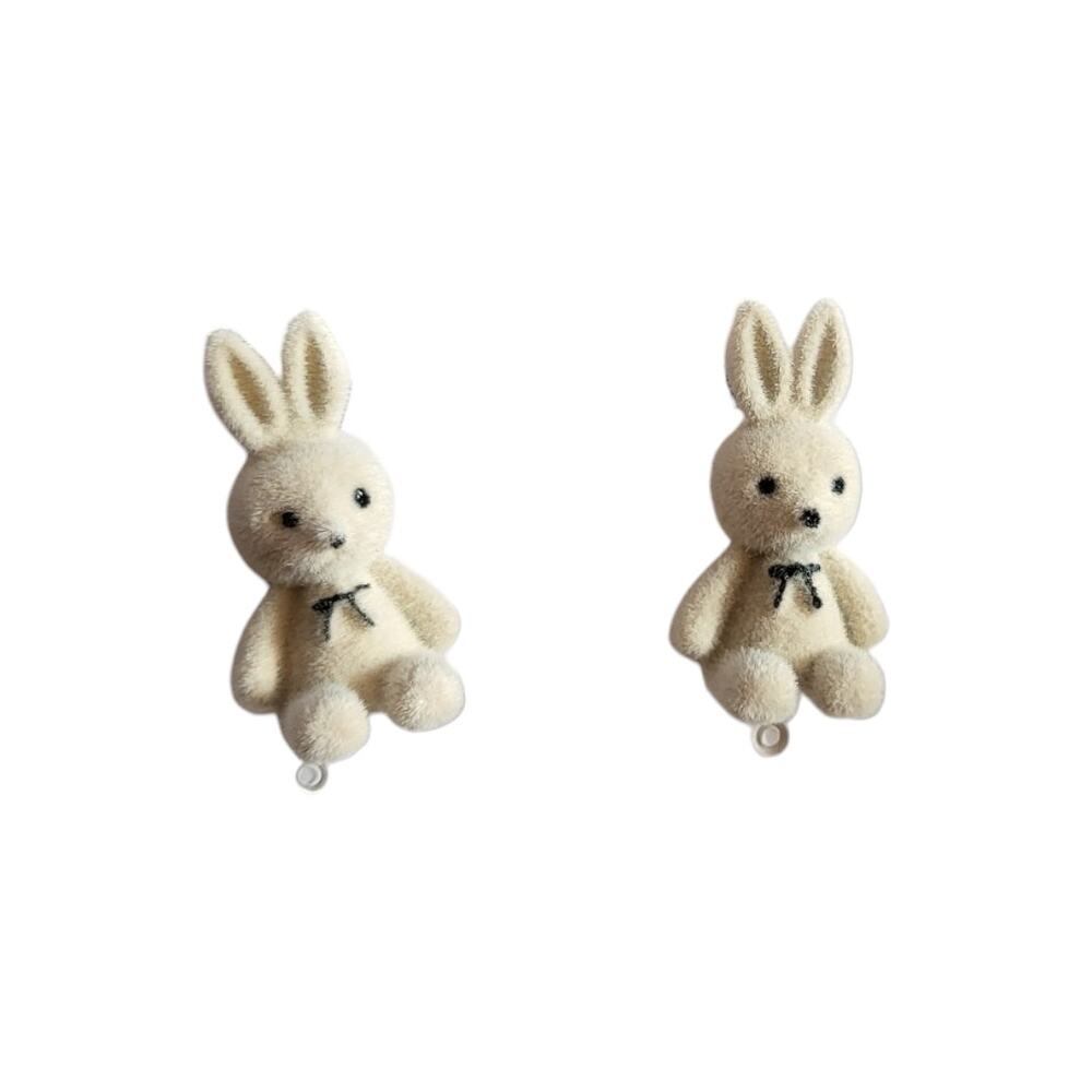 Beige with Black Accents Micro Mini Fuzzy Bunny Pierced Earrings
